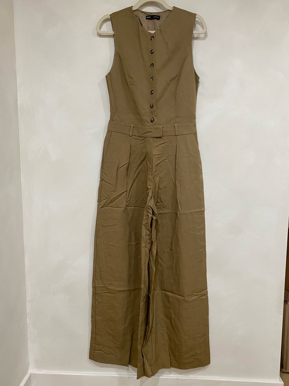Mango Sleeveless Wide Leg Jumpsuit Small Khaki NWOT